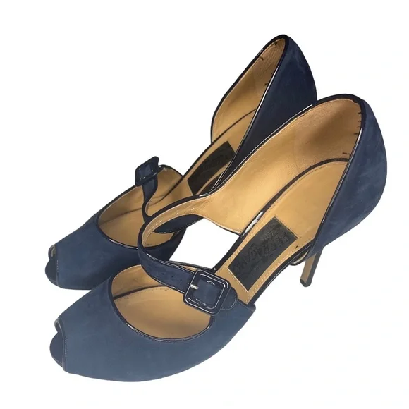 SALVATORE FERRAGAMO PEEP TOE BLUE WOMENS HEELS WOMENS SZ 9 - Picture 2 of 11